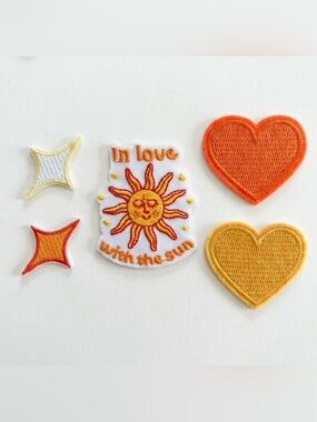 Set of 5 Retro Sun & Heart Iron On Patches Boho Summer Embroidery & Stars